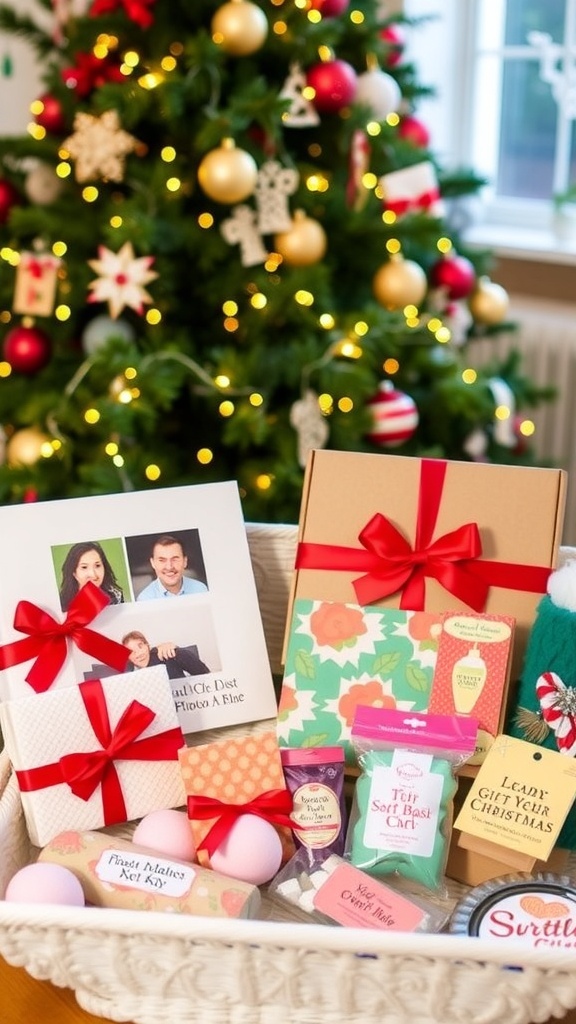 A collection of unique Christmas gifts including a photo book, self-care kit, and handmade crafts, set against a festive background.